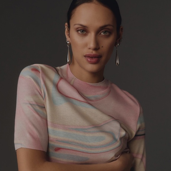 Anthropologie Short Sleeve Sweater Knit Top With Pastel Design Size XS EUC! - Picture 2 of 13